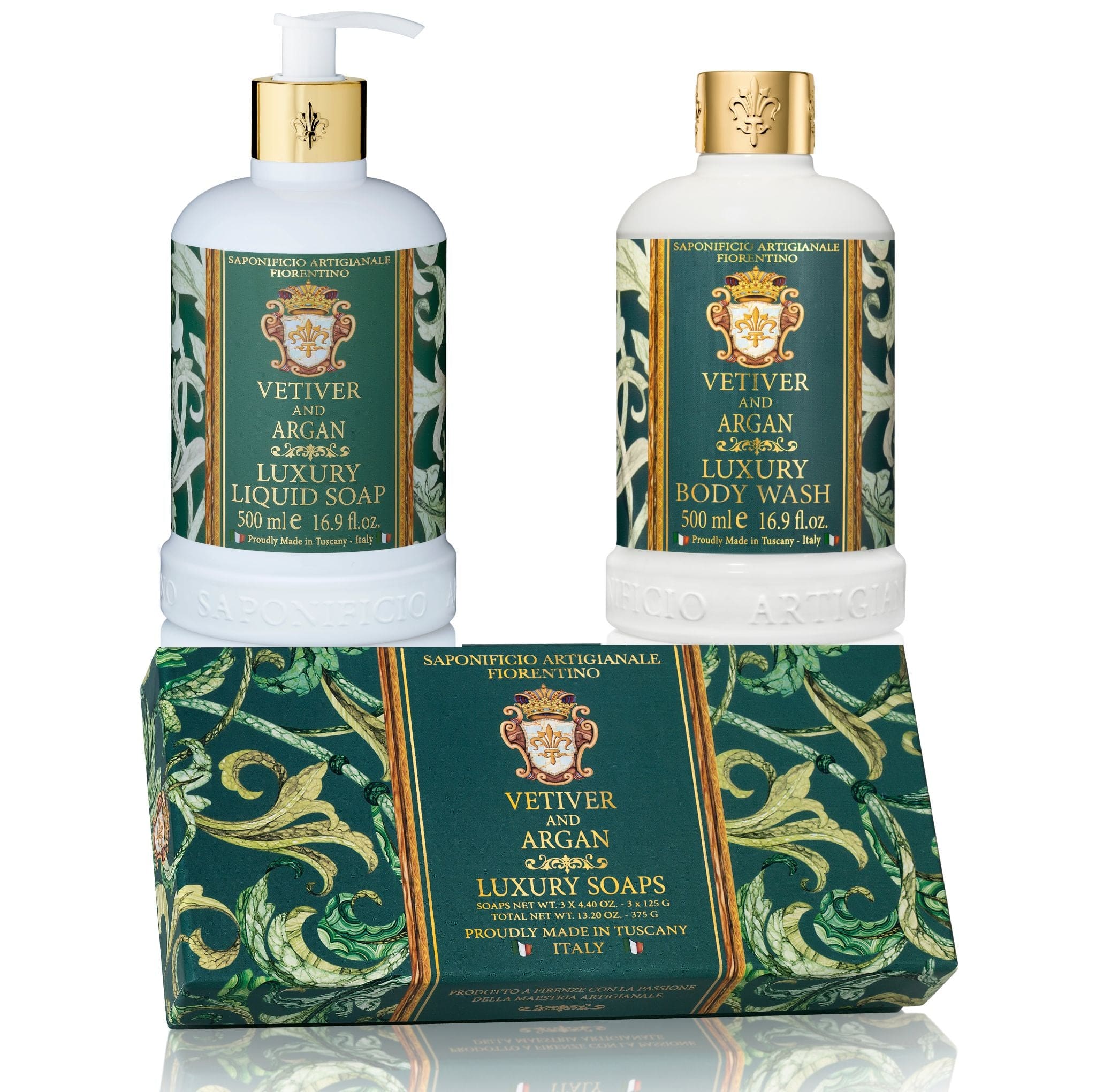 Saponificio Artigianale Fiorentino Liquid Hand Soap Bundle Set Vetiver & Argan Liquid Soap + Bodywash + 3x125g Bar Soap Brand