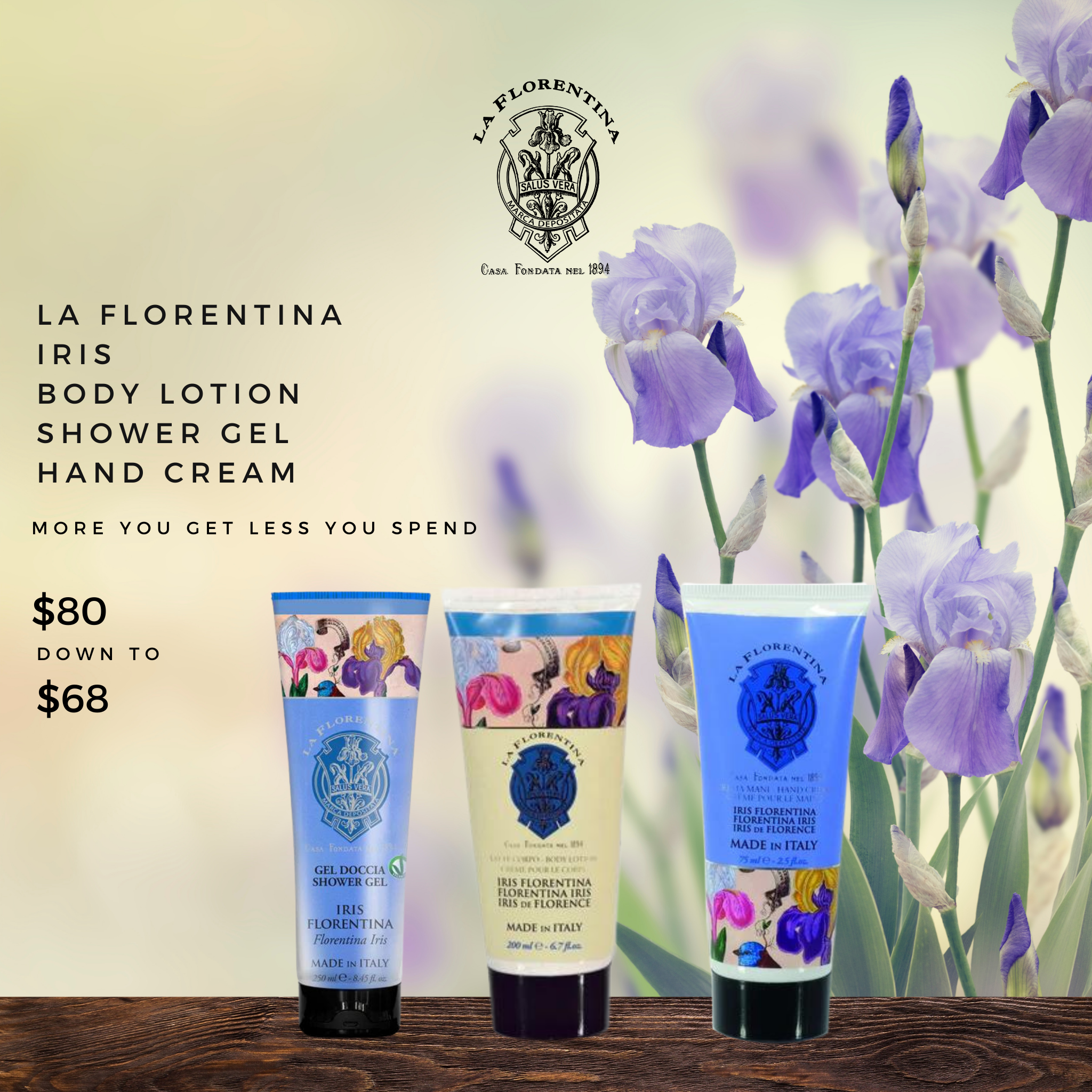 La Florentina Iris Shower Gel, Body Lotion and Hand Cream