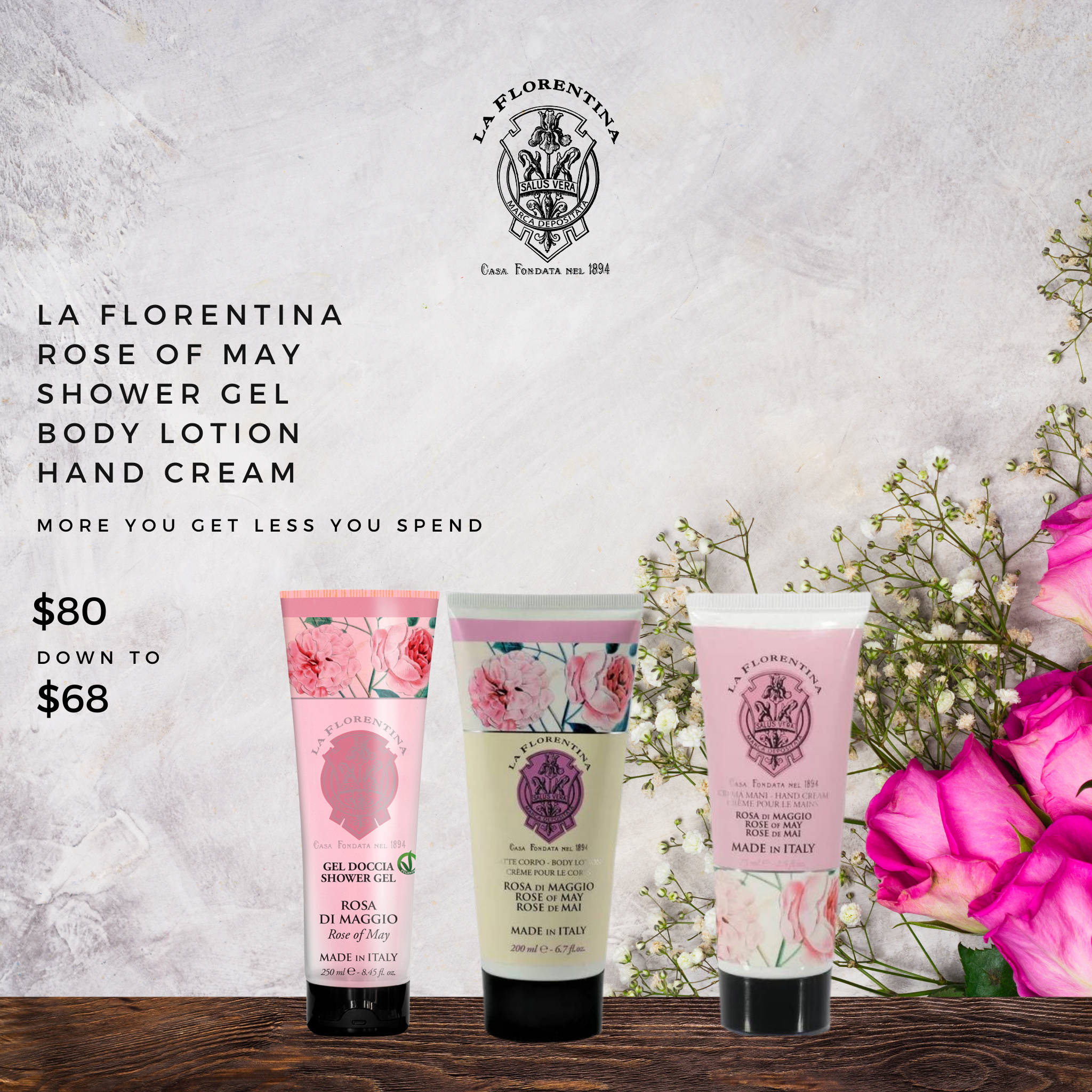 La Florentina Rose of May Shower Gel, Body Lotion and Hand Cream Set