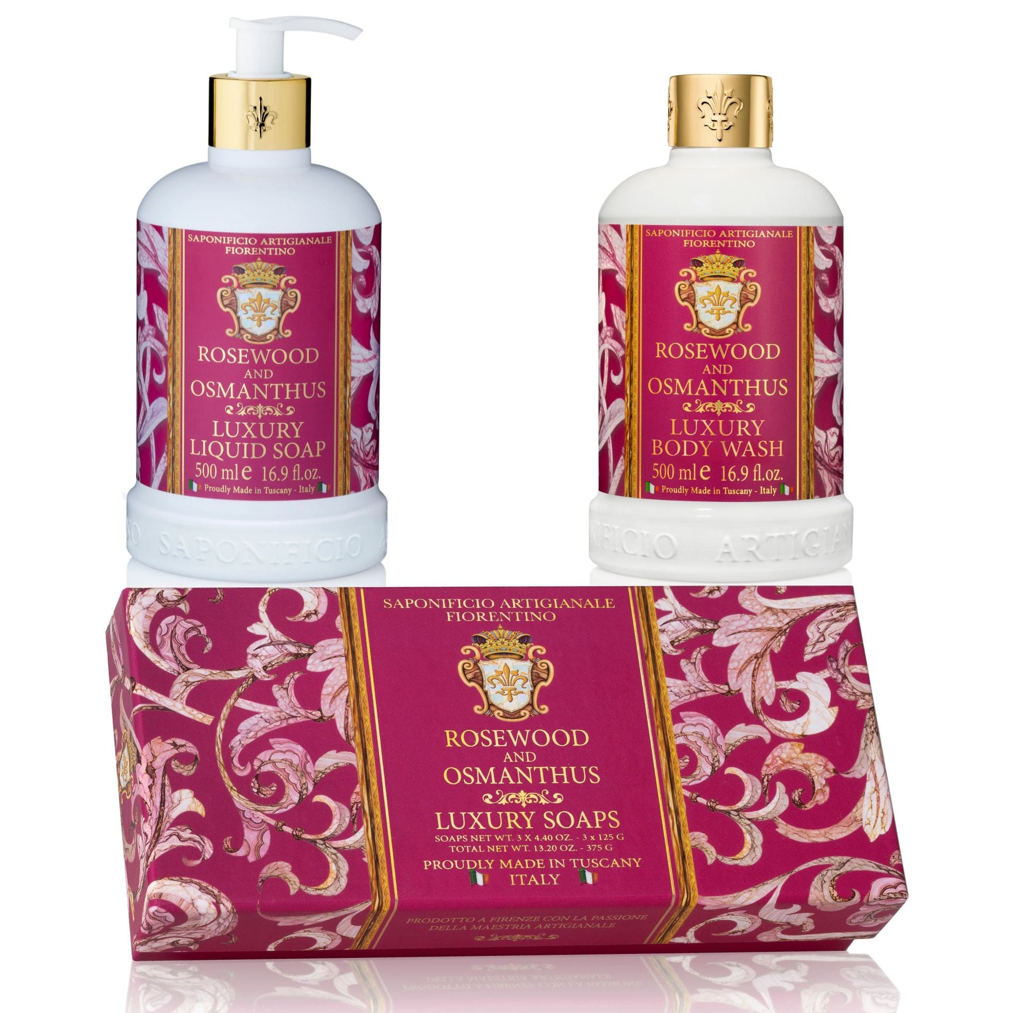 Saponificio Artigianale Fiorentino Liquid Hand Soap Bundle Set Rosewood & Osmanthus Liquid Soap + Bodywash + 3x125g Bar Soap Brand