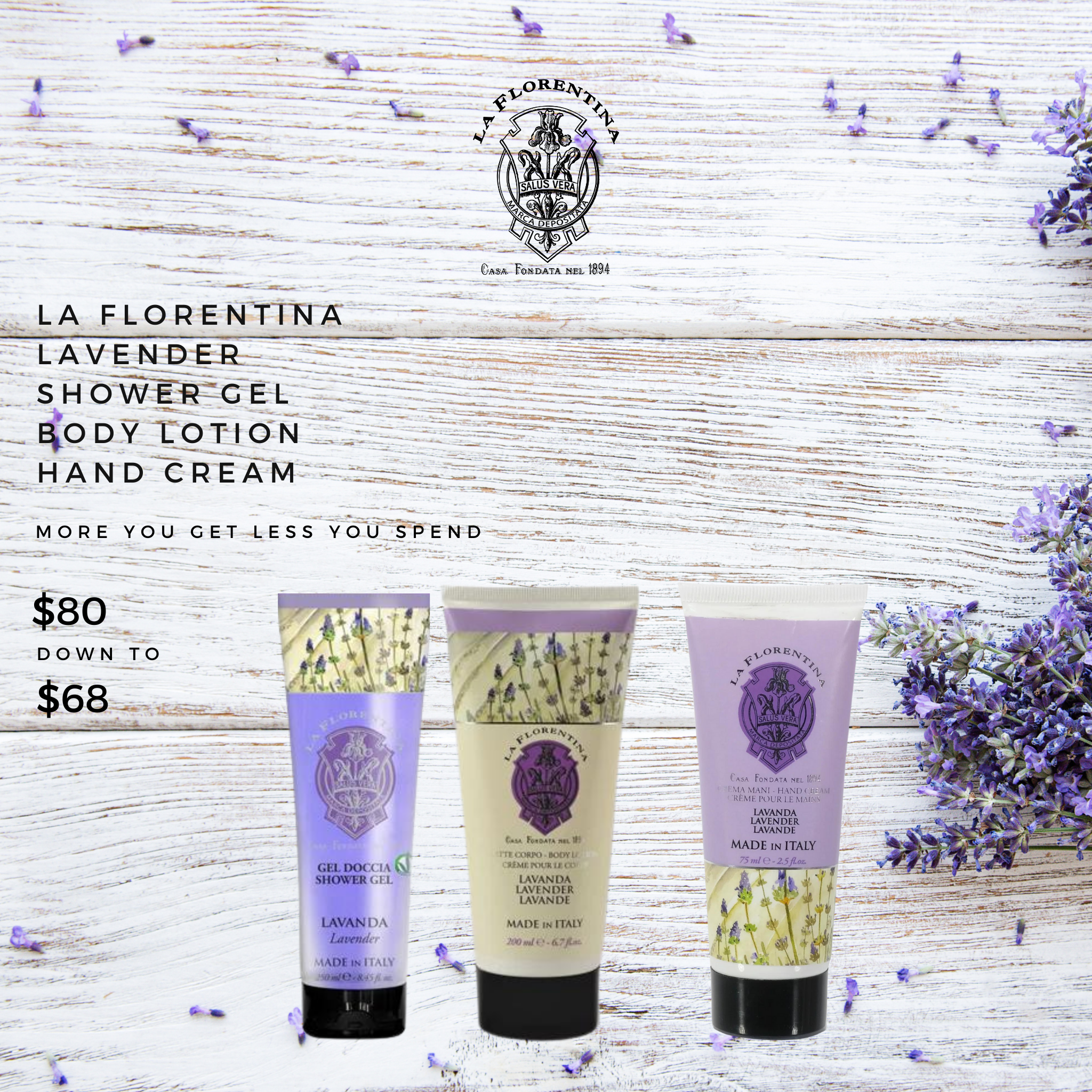 La Florentina Lavender Shower Gel, Body Lotion and Hand Cream Set